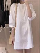 法式时尚白色衬衫连衣裙女夏泡泡袖高级感气质圆领中长款裙子