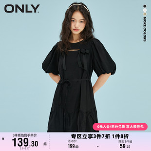 ONLY奥莱夏季镂空短款灯笼袖蝴蝶结花苞裙连衣裙女