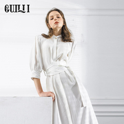 guilli秋冬女士气质，收腰衬衫连衣裙七分袖白色显瘦女装长裙