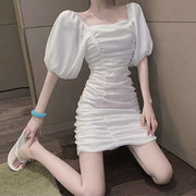 fl19785夏季方(夏季方)领小个子白色包臀连衣裙女修身显瘦韩版泡泡袖裙子