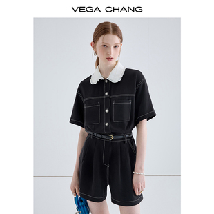 VEGA CHANG黑色工装连体短裤女夏小个子显瘦高级感法式连身衣裤