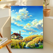 宫崎骏油画diy填充手绘风景画画填色手工解闷颜料，涂色数字油彩画
