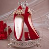 结婚鞋女红色绒面新娘鞋中式秀禾婚纱两穿礼服高跟鞋水钻蝴蝶结鞋