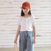 2020夏款韩版女童法式短袖，上衣白色纯色简约休闲百搭花边t恤短款