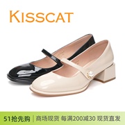 kisscat接吻猫2024粗跟32539亮漆牛皮，玛丽珍女单鞋ka42539-10