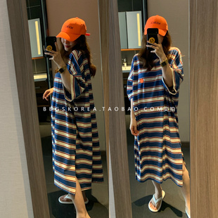 设计款韩国2024夏季新橙色(新橙色，)蓝色条纹大码宽松长款t恤式连衣裙