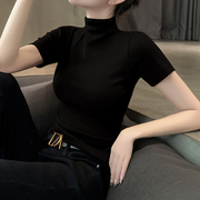 黑色短袖t恤女针织，半高领打底衫内搭春夏季洋气高端螺纹半袖上衣