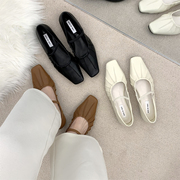 法式平底方头玛丽珍鞋女鞋子，2024春季褶皱，显瘦配裙子白色单鞋