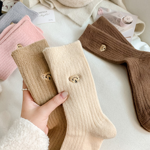 羊绒袜子女秋冬季加绒加厚保暖中筒纯色ins潮韩国小熊长款堆堆袜