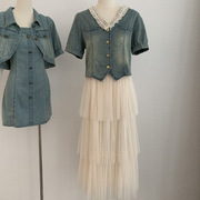 法式V领钉珠短袖牛仔外套女夏季设计感网纱蛋糕半身裙子两件套装