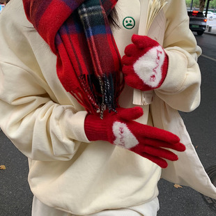 红色爱心手套女冬季骑行学生分指手套全包，可触屏保暖防寒开车