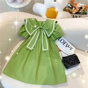 女童学院风绿色连衣裙夏季韩版儿童清新可爱公主裙洋气蝴蝶结裙子