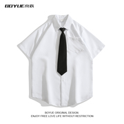 boyue帛跃dk学生制服翻领短袖，白色衬衫男小众，潮流高级感帅气衬衣