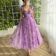 蝴蝶花朵姐妹伴娘裙，连衣裙露背轻奢订婚纱裙，紫色晚礼服公主裙