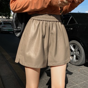 棕色短裤女2023秋冬季高腰超火皮裤，显瘦阔腿休闲裤小个子pu皮