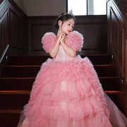 粉色欧美风儿童钢琴演出服装拖尾花童公主裙模特走秀礼服女童冬季