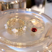 金色珍珠开口戒指女小众设计复古红宝石食指，戒指女时尚个性尾戒环