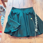 n2日系复古vintage绿色气质甜美蝴蝶结可爱高腰大裙摆毛呢半身裙