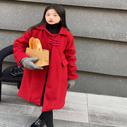 女童毛呢大衣外套，秋冬季2023中长款洋气，冬装儿童大童红色呢子