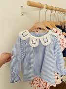 2023年女童纯棉娃娃衫，上衣长袖打底衫，蓝色格子翻领衬衫