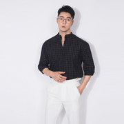 川泽男士七分袖衬衫夏季韩版宽松日常棉质透气格子立领套头衬衣潮
