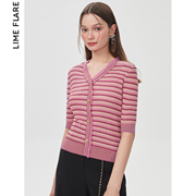 莱茵粉色条纹v领针织衫，2023春季五分，袖打底商场同款休闲修身