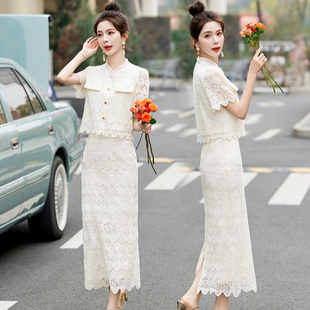 新中式蕾丝淑女范短袖套装女2024年春夏季今年流行套裙两件套