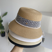 复古优雅女士太阳帽草编平顶，赫本风沙滩，度假女帽夏天韩版百搭凉帽