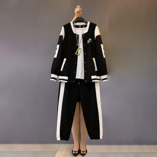 胖mm大码女装2023春季棒球服卫衣，卫裤休闲运动两件套装