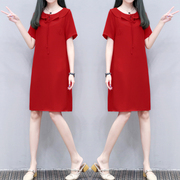 2023夏季女装时尚翻领大红色裙子休闲中长款宽松显瘦连衣裙女