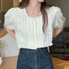 韩国chic夏季法式气质，圆领蕾丝花边拼接压褶单排扣宽松泡泡袖衬衫