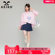 KEIKO 不对称设计粉色长袖衬衫女春季少女感织带泡泡袖上衣娃娃衫