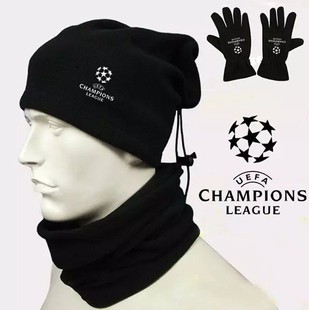 欧冠足球围脖手套帽子冬季抓绒，保暖训练手套，踢球运动面罩跑步手套