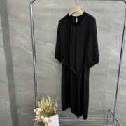 黑色短袖连衣裙女小个子2024夏季气质花边圆领系带真丝长裙子