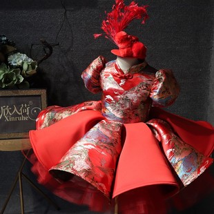 女童中国风走秀演出服重工元旦新年主持人礼服裙高端红色蓬蓬裙