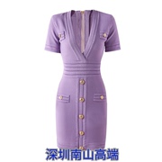 欧美风香芋紫短袖款12针电脑织机双曲针织毛衫2022连衣裙镂空裙子