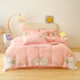 风床上用品珊瑚绒加厚床笠牛奶绒可爱公主纯色，斜纹床单式四件套