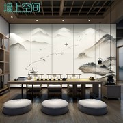 新中式水墨山水画茶室背景墙纸沙发会所装饰壁纸饭店包间壁画墙布