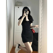 韩系小个子短裙辣妹修身气质法式纯棉连衣裙夏季2024显瘦包臀