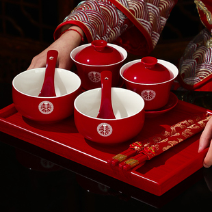 改口敬茶杯结婚套装一对盖碗筷，红色喜庆喜碗陪嫁茶具婚礼敬酒杯子