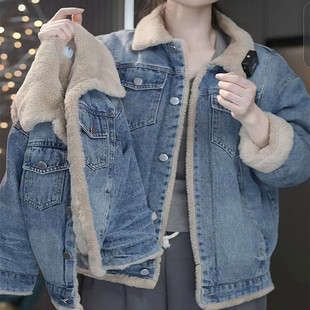 韩版亲子装2024冬装男女童，加绒加厚牛仔外套母女装保暖棉服潮