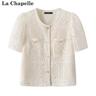 拉夏贝尔/La Chapelle夏季镂空蕾丝开衫短袖圆领小衫女式上衣