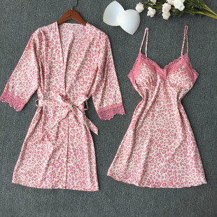 性感睡衣夏女冰丝豹纹粉色薄款吊带睡袍两件套可爱胸垫蕾丝家居服