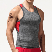 无袖t恤男夏季健身紧身跨栏训练修身型个性，运动拼接灰色男士背心