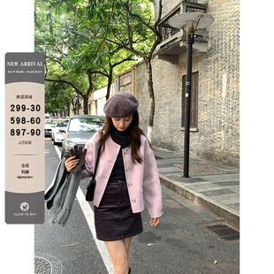 春夏CHUNXIA紫色双面羊绒大衣外套2023冬季新韩系通勤短款外套女