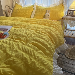 亮黄色水洗棉泡泡花边被套公主风床裙四件套纯色床单款宿舍三件套