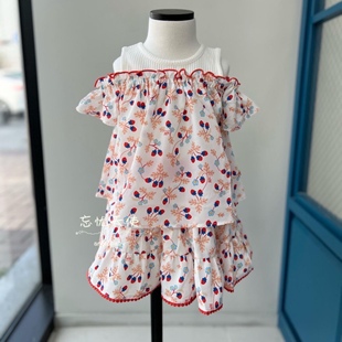 韩国童装 夏女童宝草莓假两件一字肩上衣 短裙清凉甜美套装