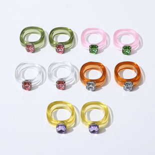 Jennie同款韩国小众复古方形水钻宝石彩色果冻树脂指环戒指食指戒