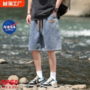NASA联名美式复古水洗牛仔裤男夏季潮牌宽松阔腿短裤休闲直筒中裤