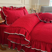 结婚季大红色喜庆绗缝床裙床盖式四件套荷叶花边双人婚房水洗棉被